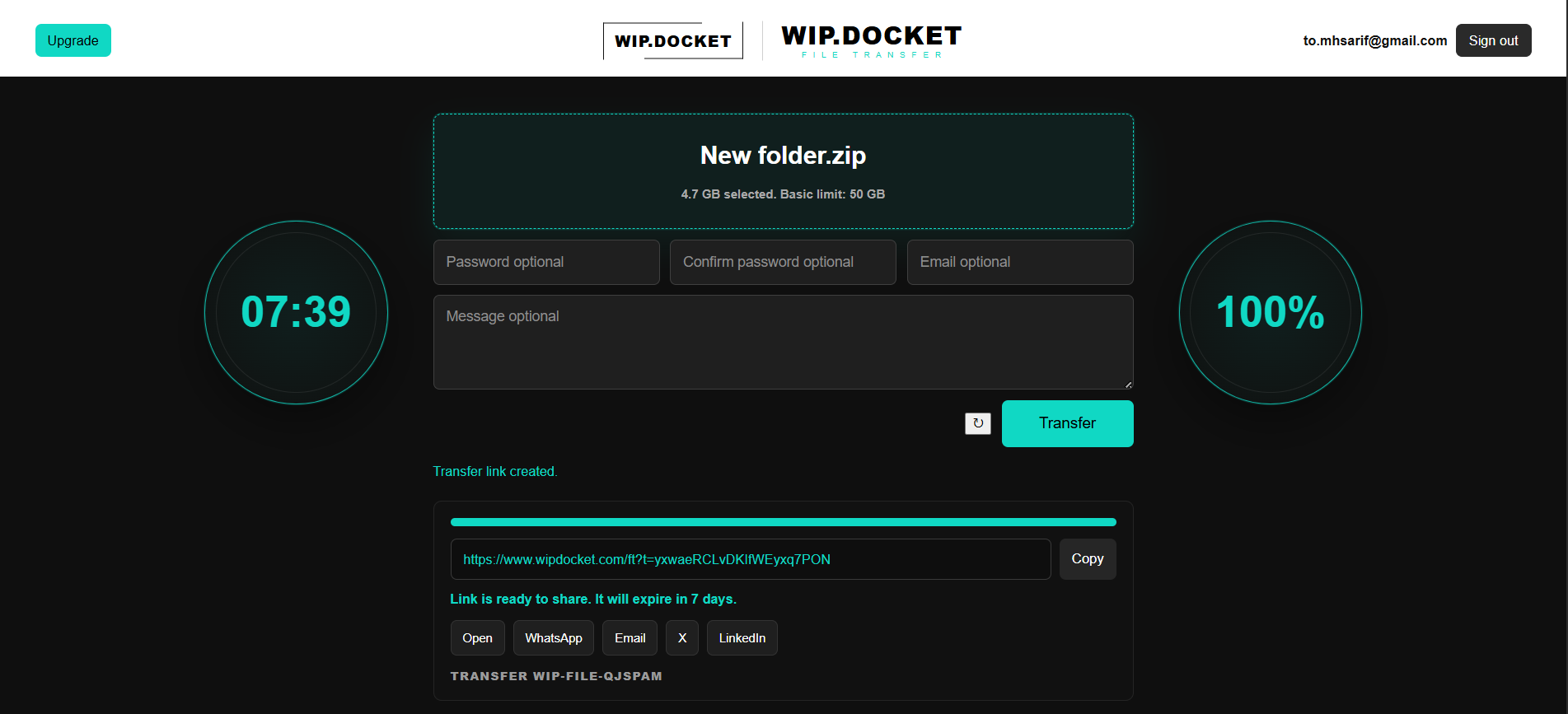 File Transfer upload screen