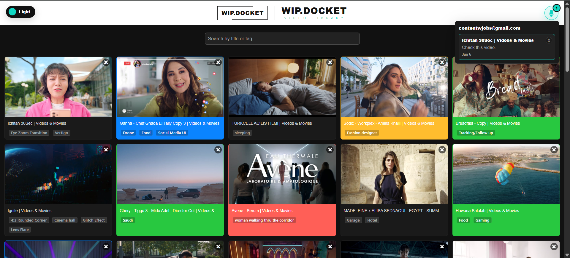 WIP. DOCKET Video Library grid view
